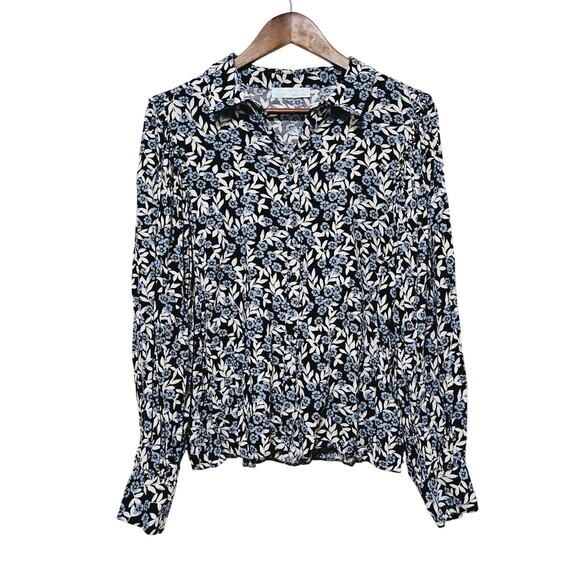 Primark Cares Floral Button-Up Blouse Sz 12 Balloon Sleeves Blue Ruffles Boho - Picture 1 of 7